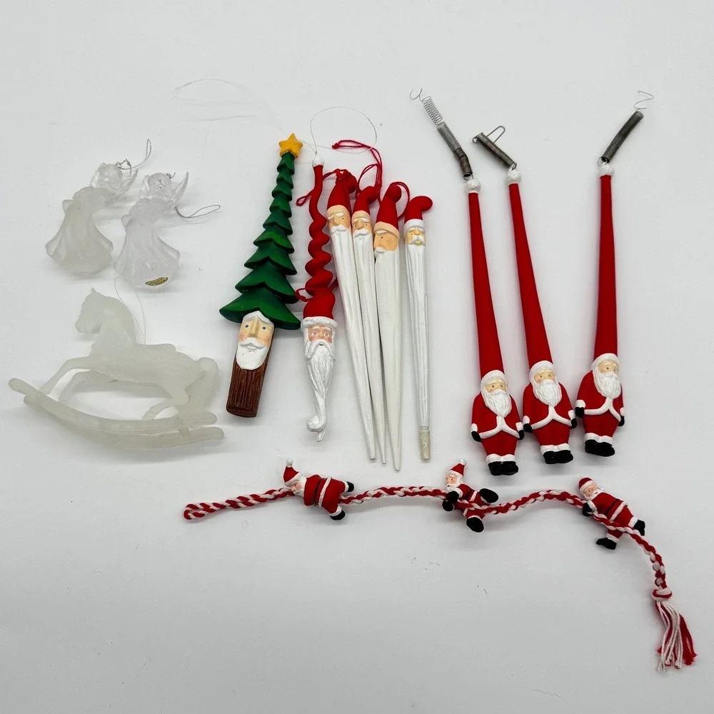 Vintage Santa Claus Christmas Ornament Lot Icicle Angels Rocking Horse Garland